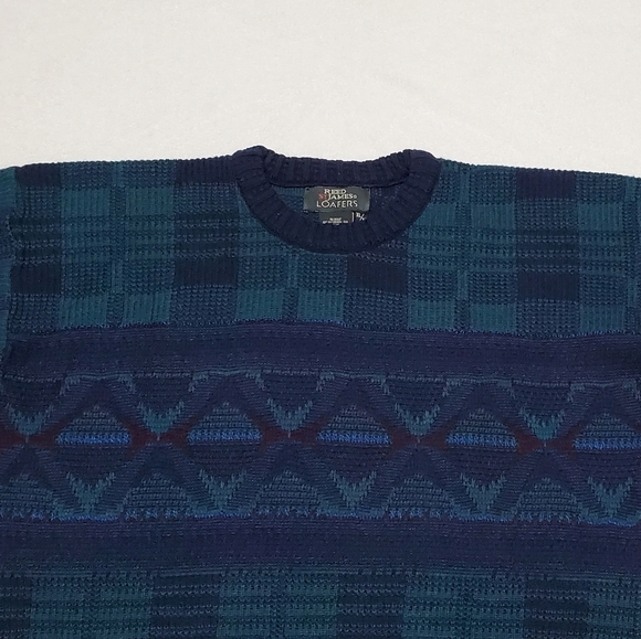 VINTAGE Reed St. James Loafers Turquoise Blue Plaid Printed Knit Sweater XL - Picture 5 of 11